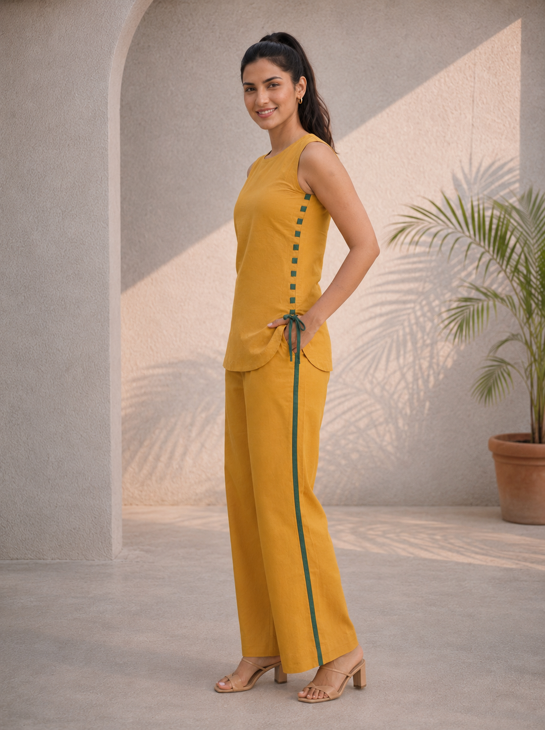 Mustard Yellow Solid Cotton Linen Co-ord Set