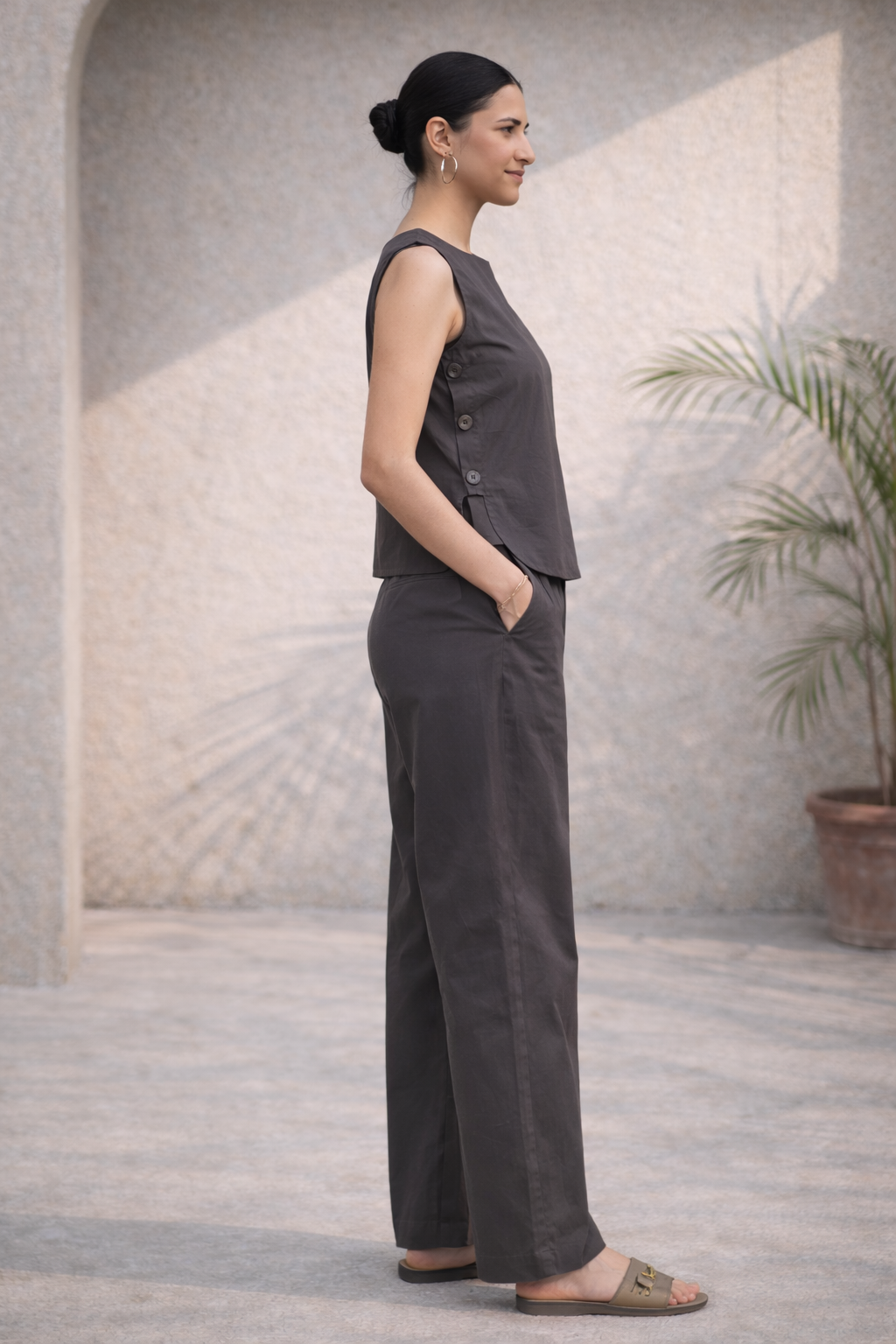 Ash Coffee Organic Cotton Poplin Side-Button Co-ord Set (Workwear)