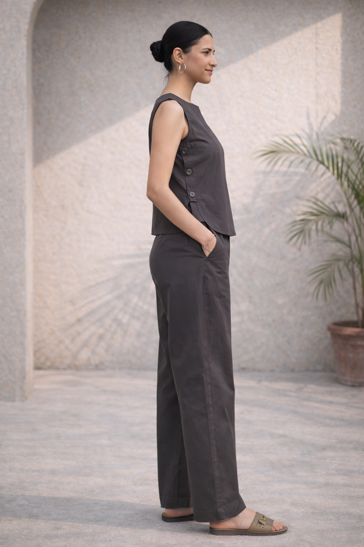 Ash Coffee Organic Cotton Poplin Side-Button Co-ord Set (Workwear)