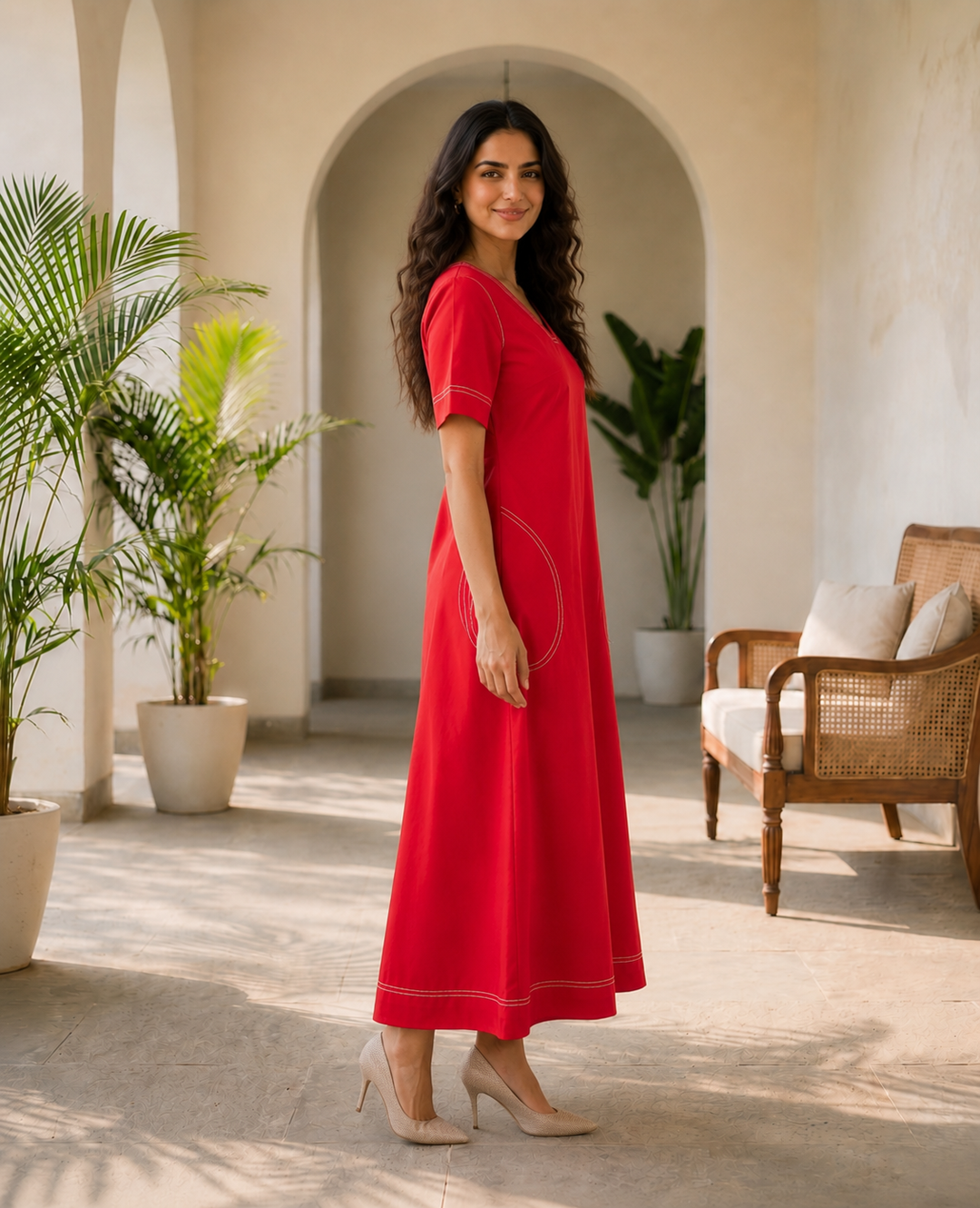 Solid Red Organic Cotton Poplin V-Neck Maxi Dress
