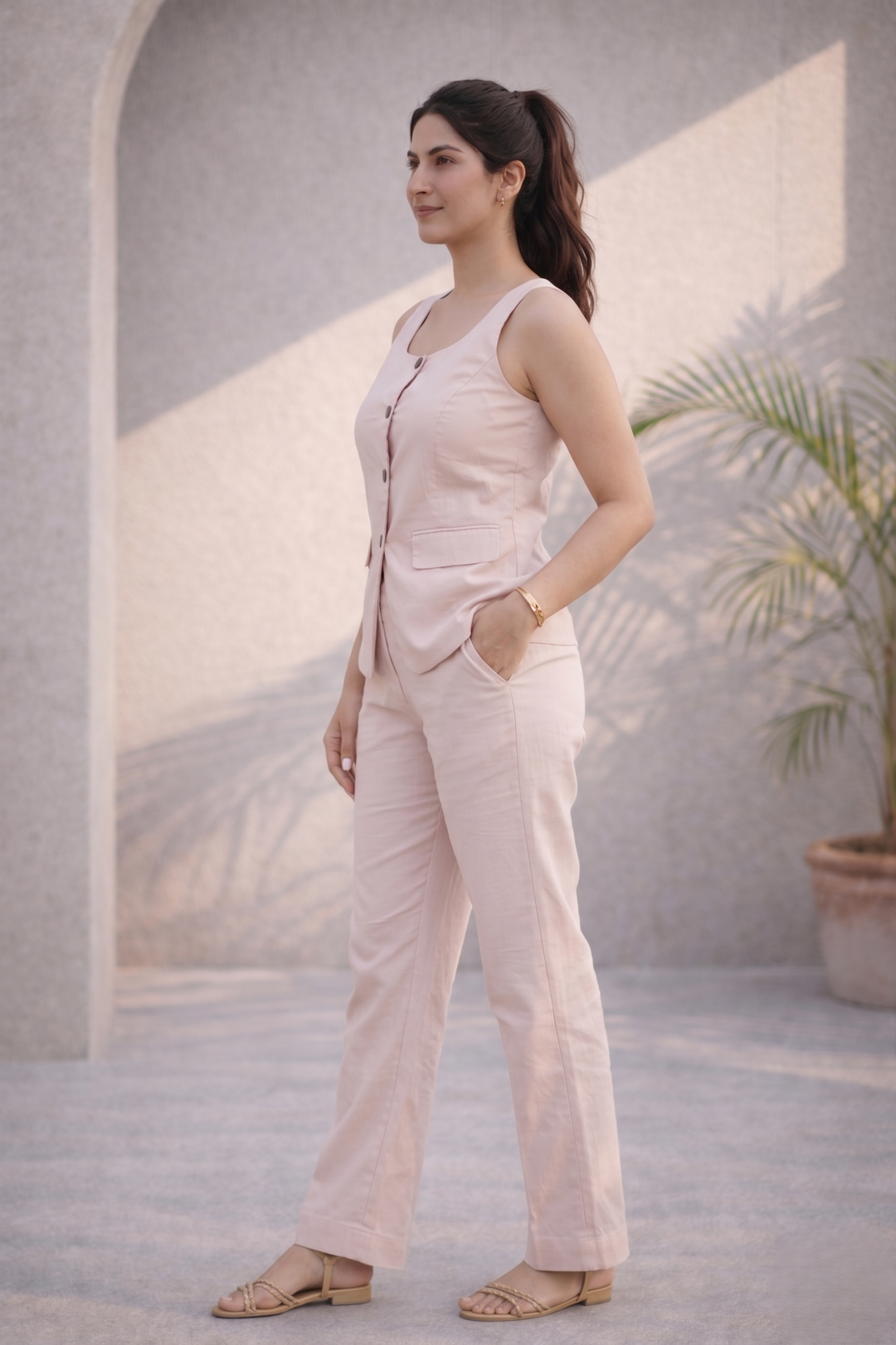 Soft Pink Solid Cotton Poplin Co-ord Set (Casual/ Workwear)
