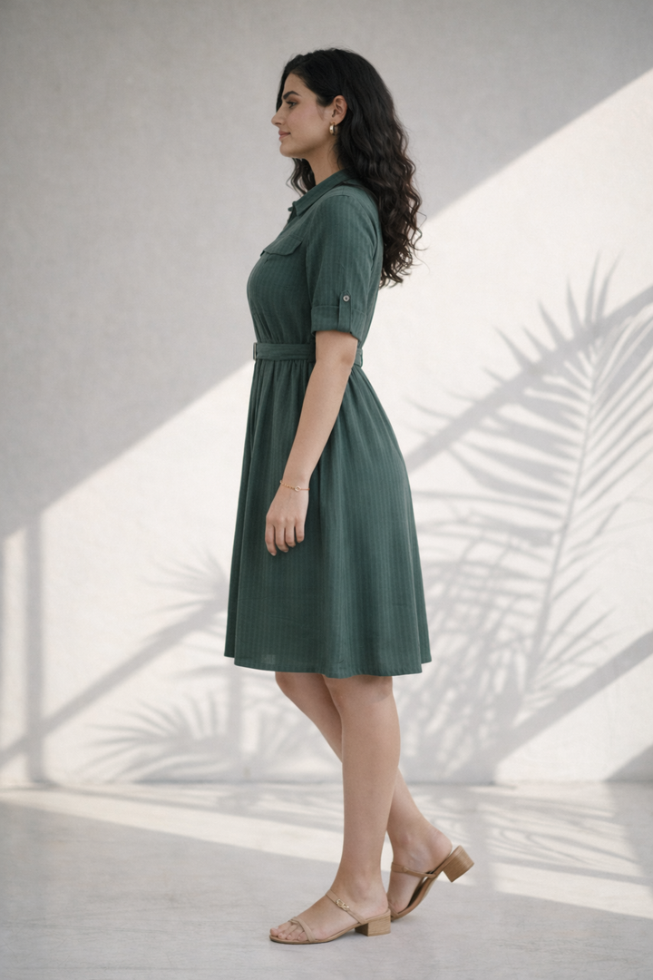 Olive Green Solid Cotton Poplin Flare Dress (Everyday Casual)