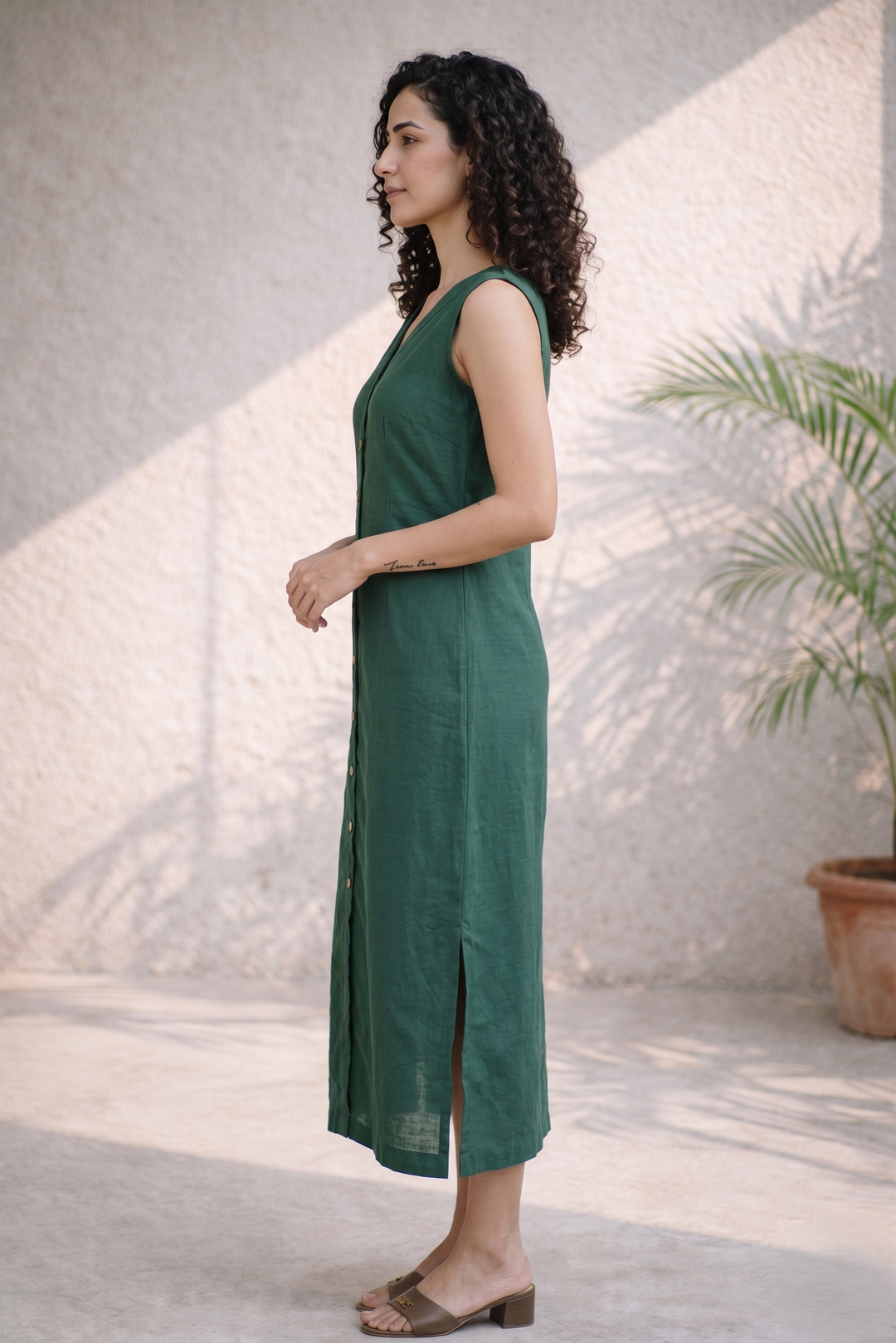 Olive Green Solid Cotton Shirt Dress (Workwear)