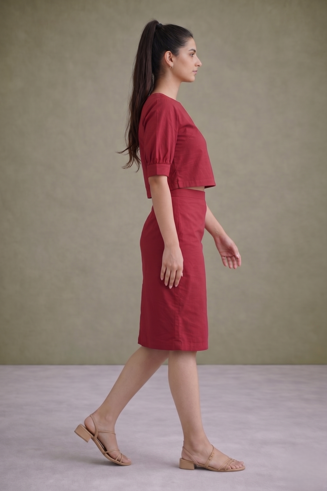 Carmine Red Tailored Organic Cotton Pencil Skirt Co-ord Set (Casual/ Workwear)