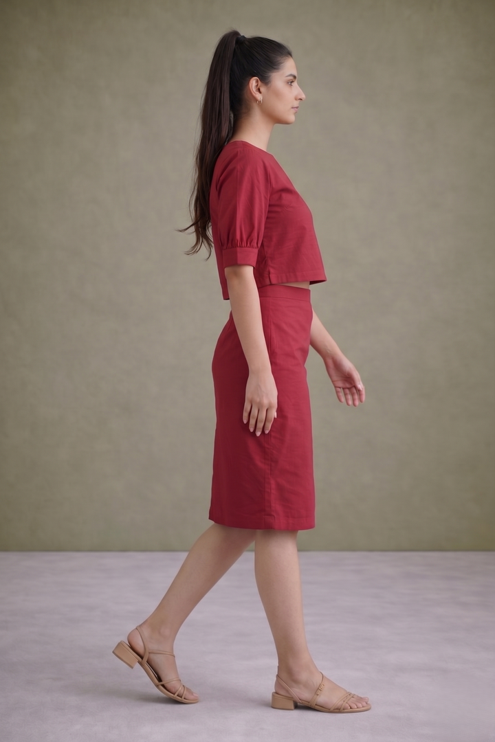 Carmine Red Tailored Organic Cotton Pencil Skirt Co-ord Set (Casual/ Workwear)