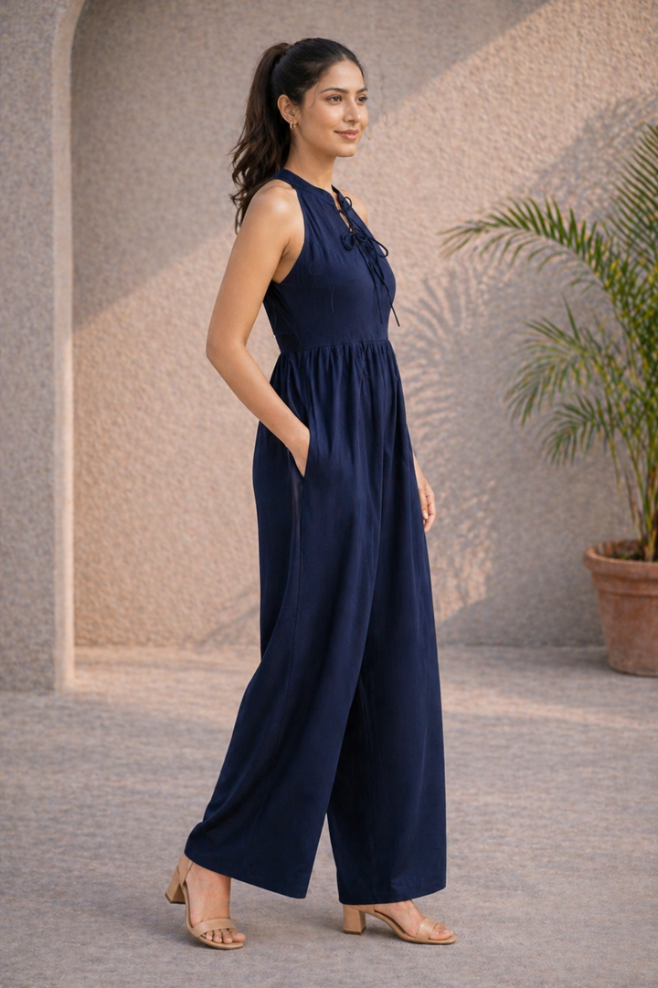 Navy Blue Solid Cotton Jumpsuit (Casual Summerwear)