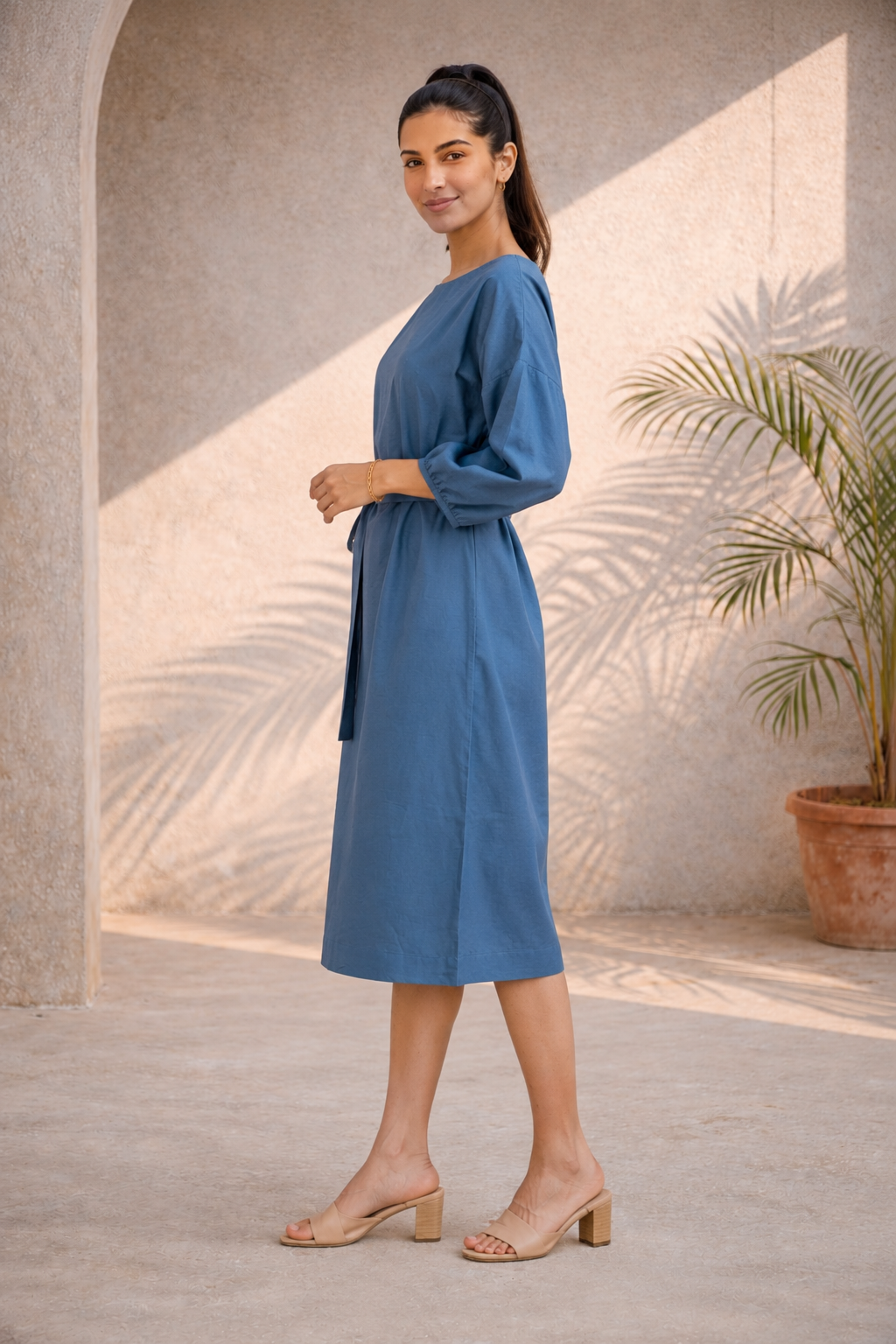Dove Grey Cotton Linen Kimono Midi Dress (Brunch)