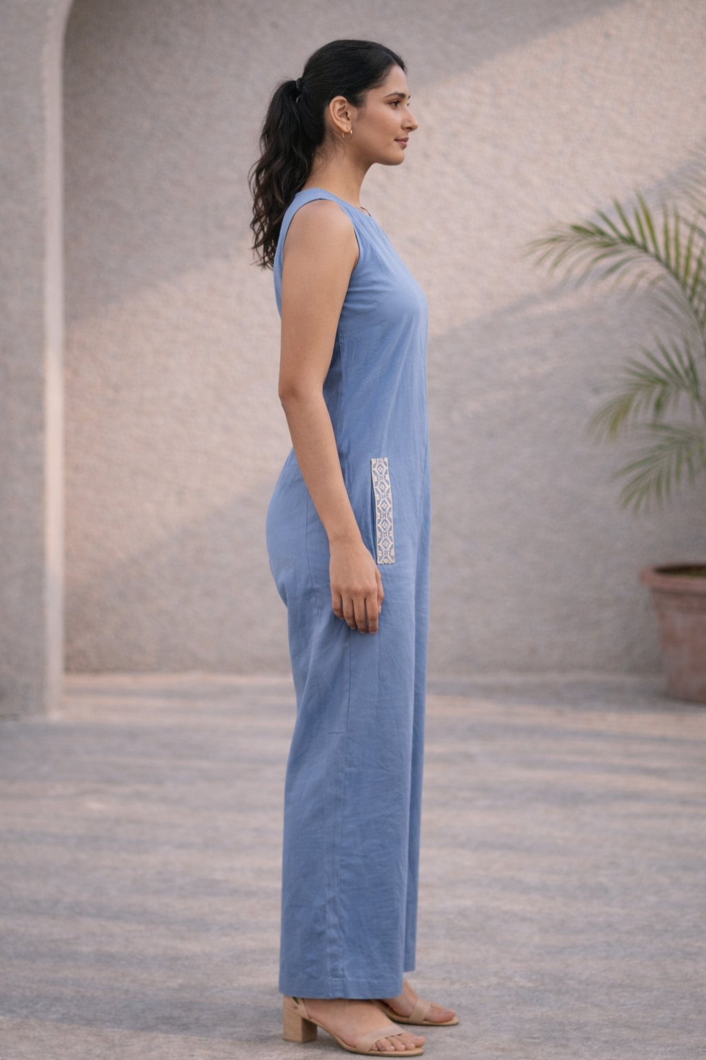 Smoky Blue Organic Cotton Hand-Embroidered Jumpsuit (Smart Casual)