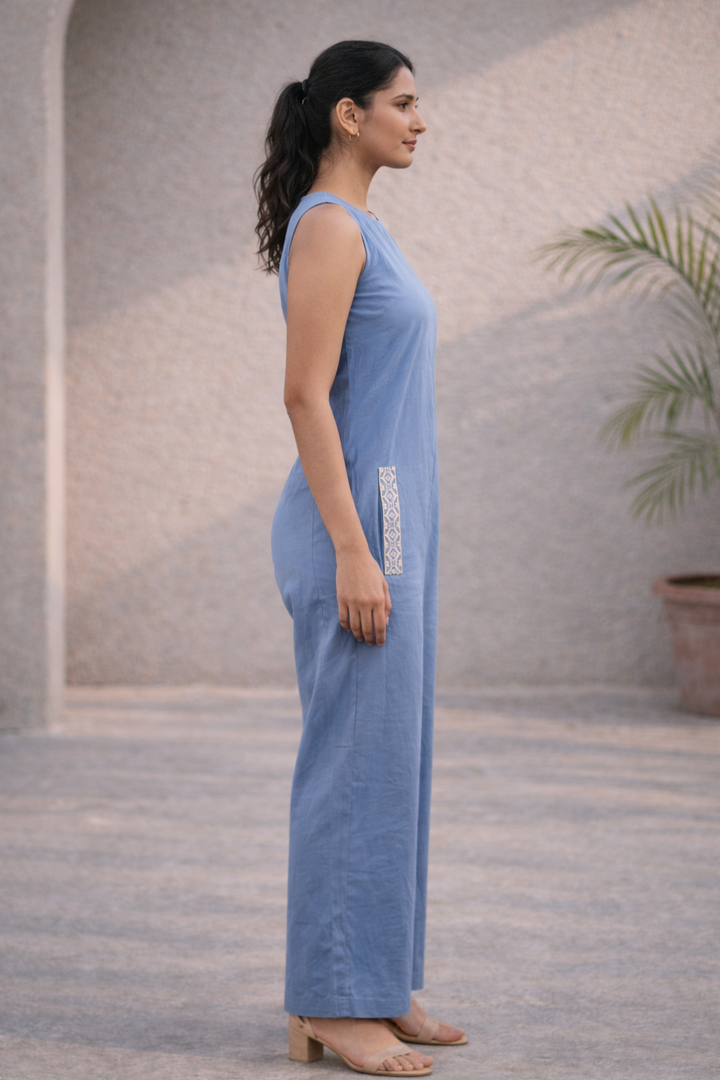 Smoky Blue Organic Cotton Hand-Embroidered Jumpsuit (Smart Casual)