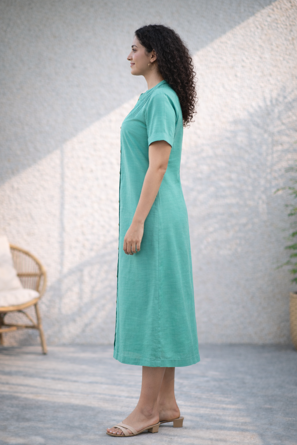 Sea Green Cotton Linen Straight Dress (Easy Everyday)