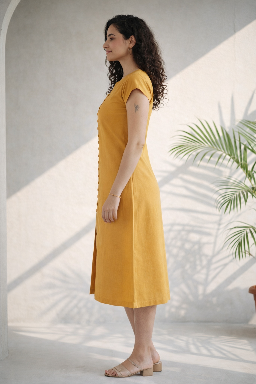 Mustard Yellow Linen Button-Down Midi Dress (Workwear)