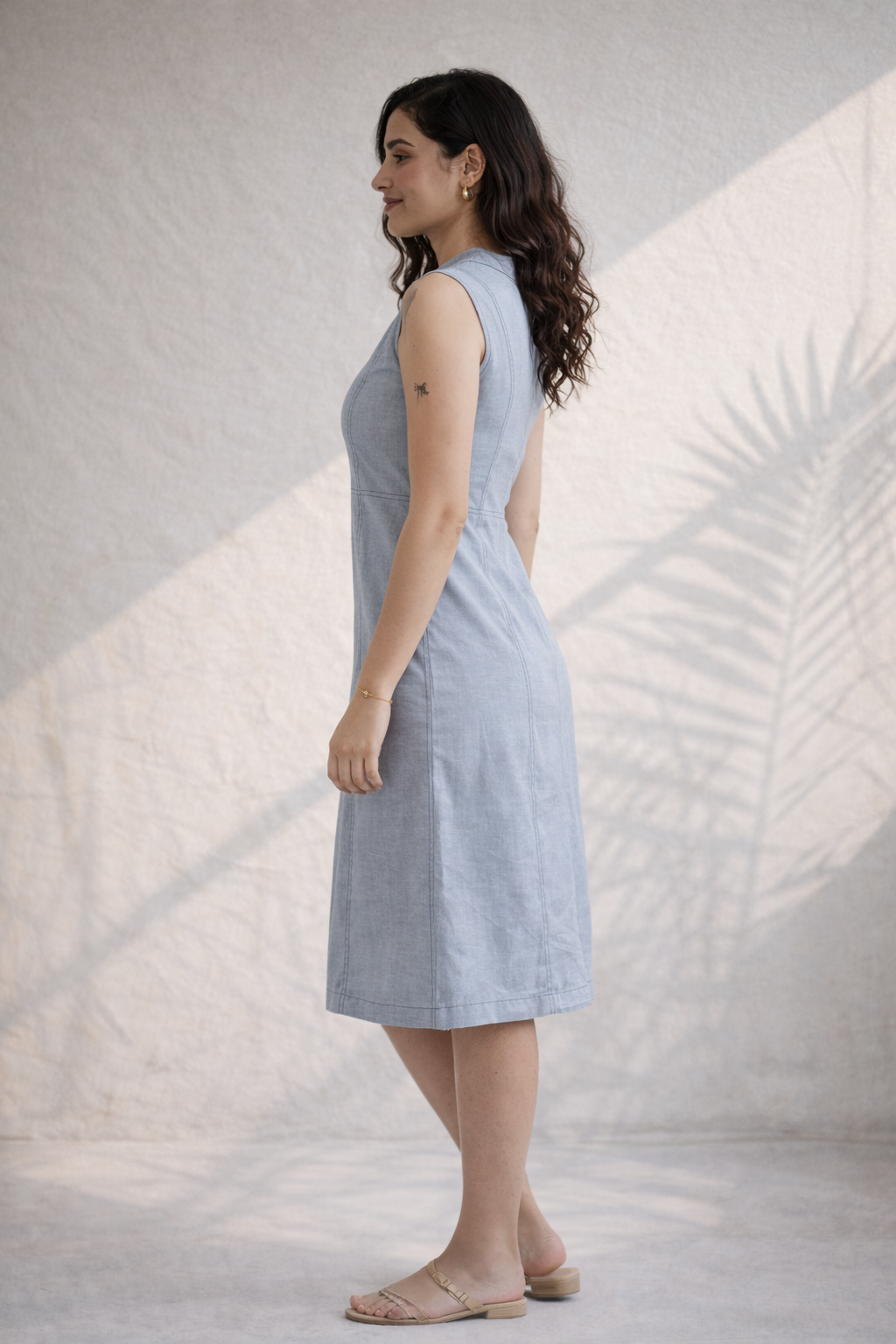 Denim Blue Organic Cotton Twill Midi Dress (Everyday Casual)