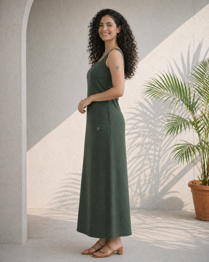Olive Green Organic Cotton Seersucker Straight Dress (Casual)