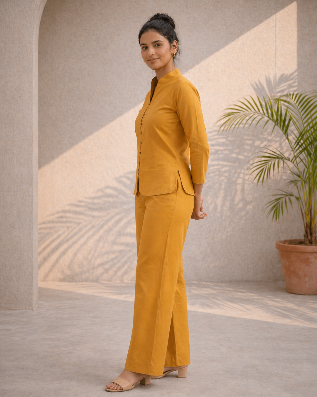 Mustard Yellow Cotton Linen Mandarin Collar Co-ord Set (Workwear)