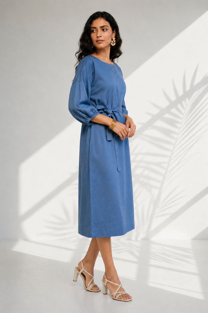 Dove Grey Cotton Linen Kimono Midi Dress (Brunch)