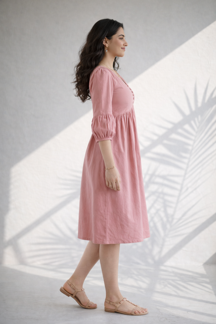 Rose Pink Floral Print Cotton Midi Dress (Casual)