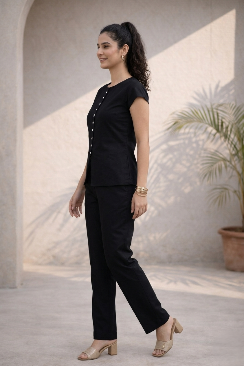 Black Solid Cotton Poplin Co-ord Set (Everyday Casual)