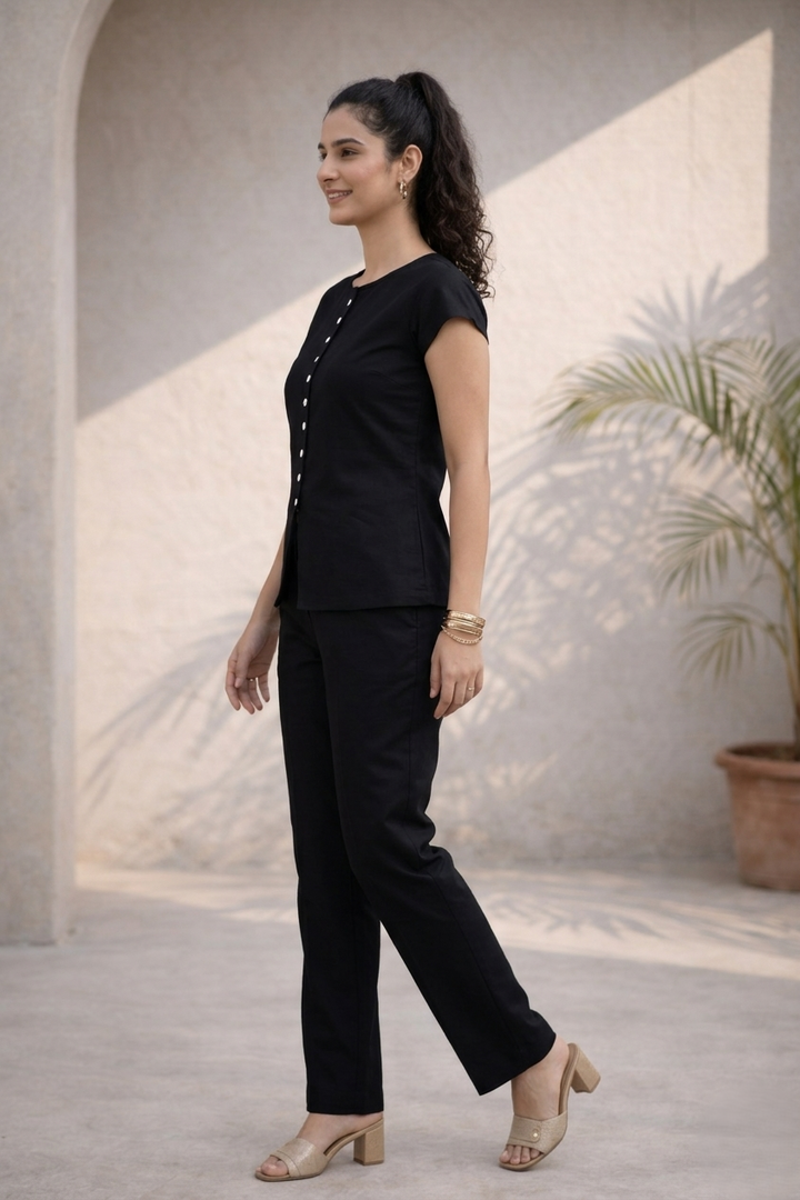 Black Solid Cotton Poplin Co-ord Set (Everyday Casual)