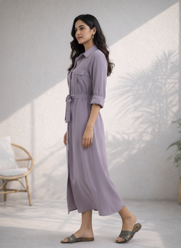 Lilac Grey Eco Vero Twill Shirt Midi Dress (Casual)
