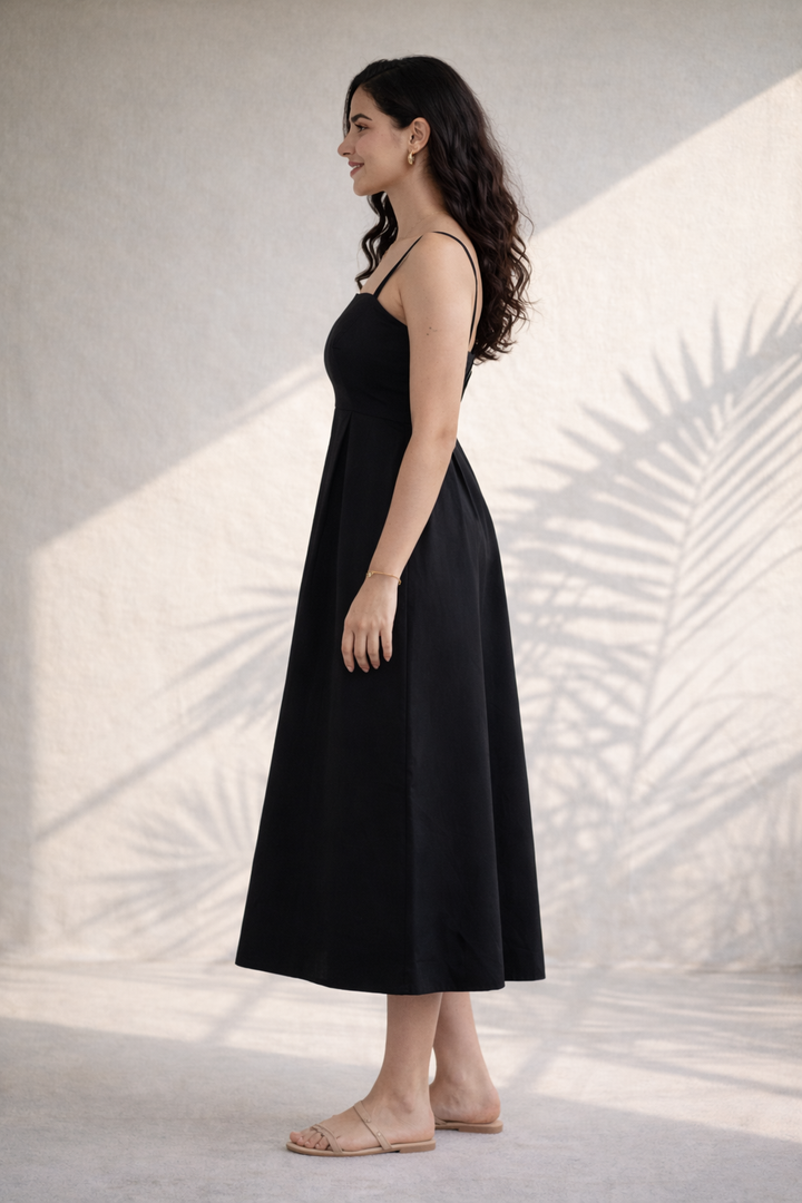 Black Heart Cotton Poplin Midi Dress (Everyday Casual)