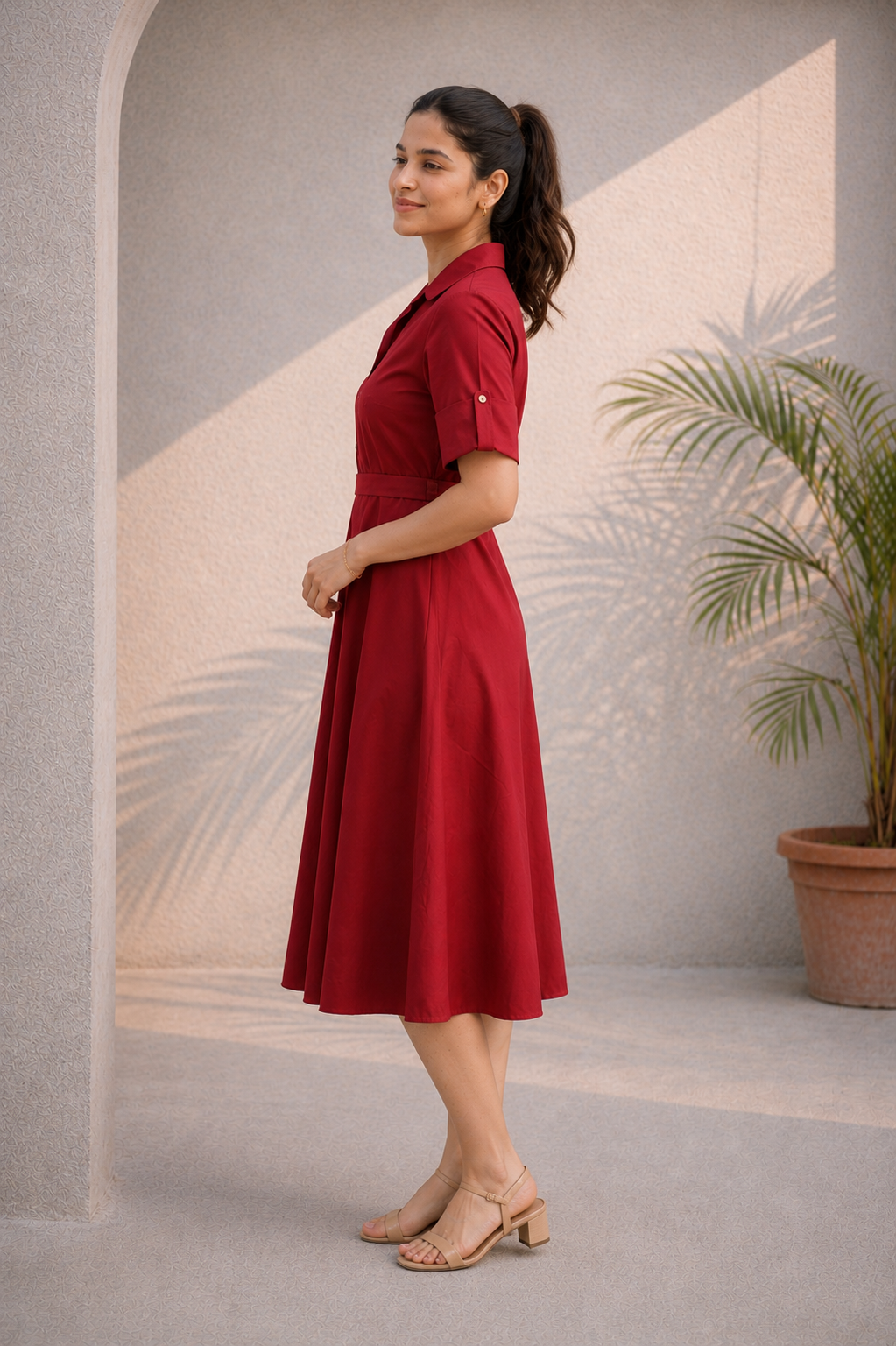 Red Cotton Button-Down Midi Dress (Casual)