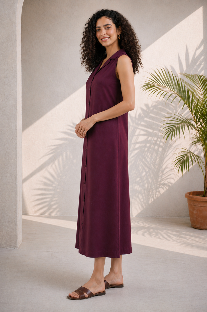 Wine Red Solid Cotton Poplin Flared Casual Maxi Dress