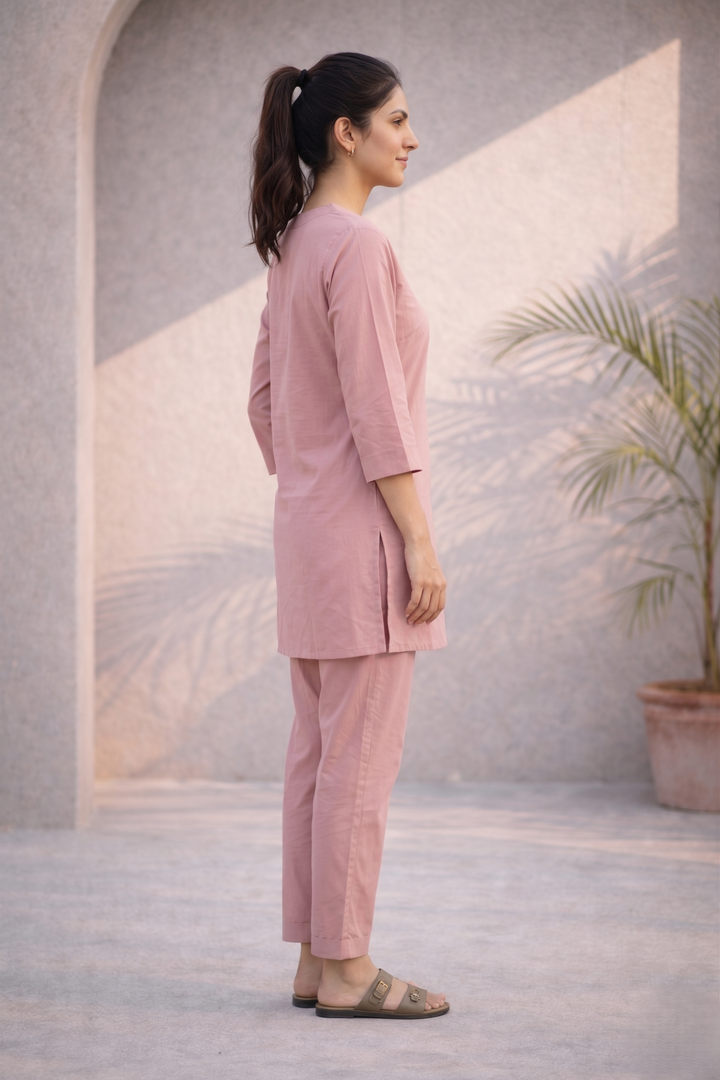 Dusty Mauve Pink Organic Cotton Poplin Co-ord Set (Casual/ Workwear)
