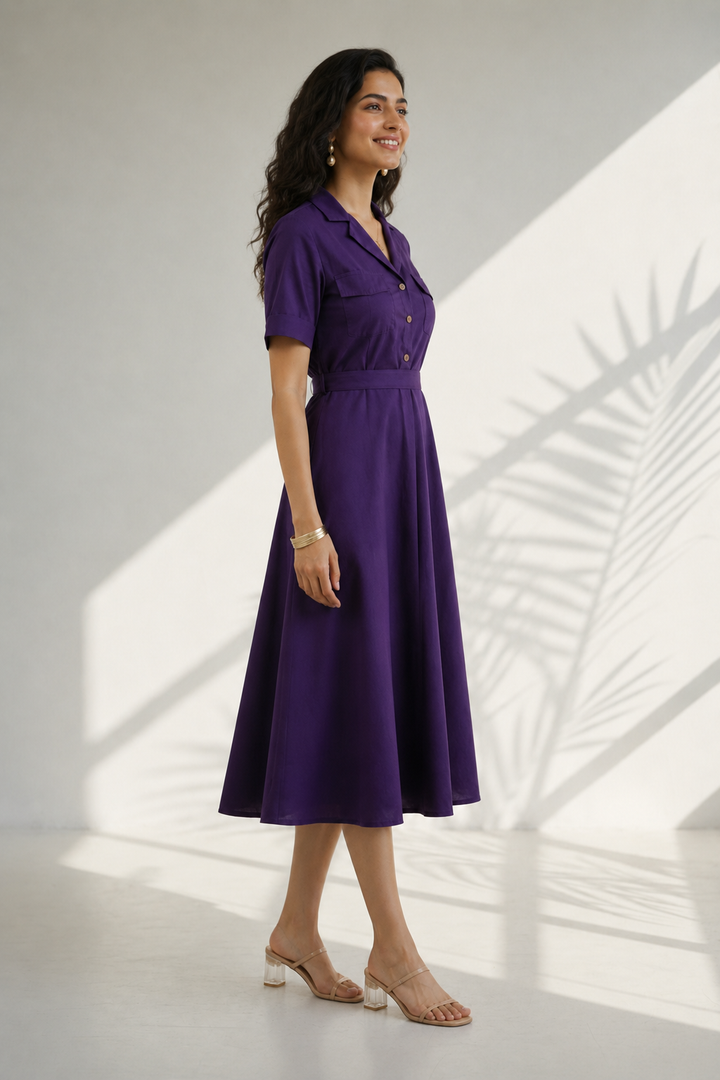 Berry Purple Cotton Poplin Midi Dress (Casual)