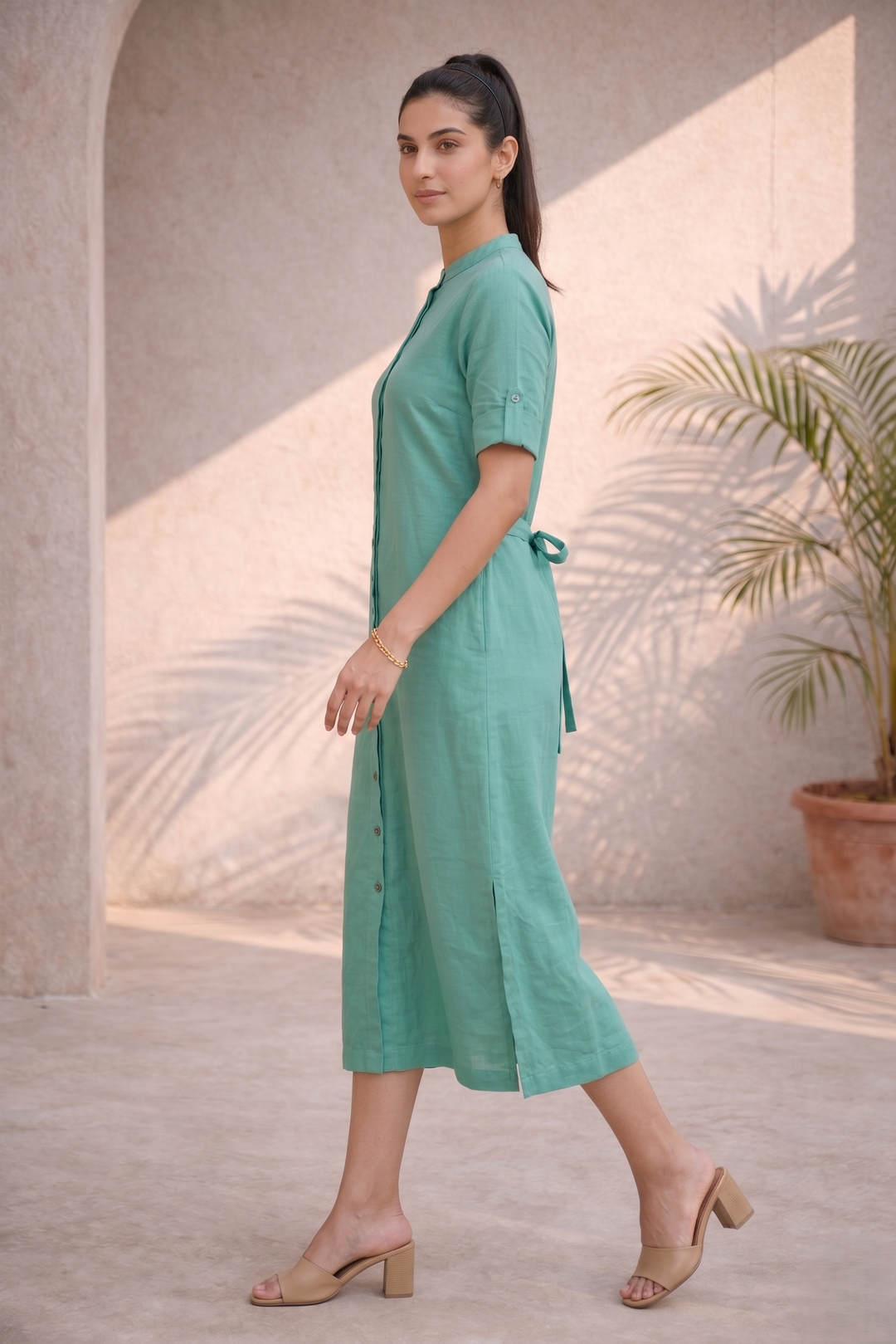 Sea Green Cotton Midi Dress  (Casual/ Workwear)
