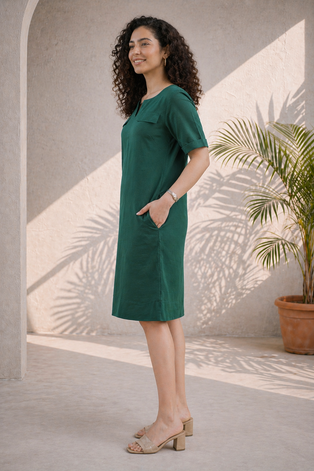 Olive Green Cotton-Linen Shift Dress (Workwear)