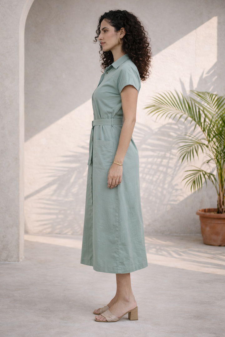 Sage Green Organic Cotton Shirt Midi Dress