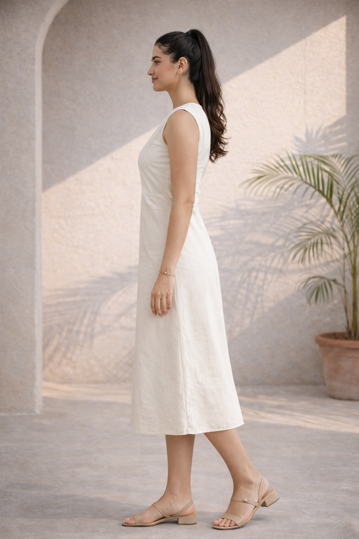 Pearl White Organic Cotton Midi Dress (Casual)