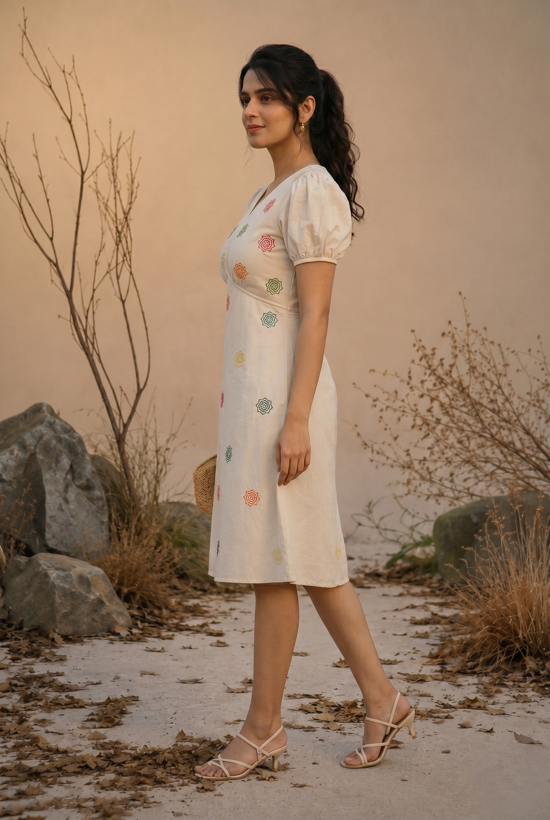 Floral Embroidered Cotton Poplin Midi Dress (Casual Summerwear)