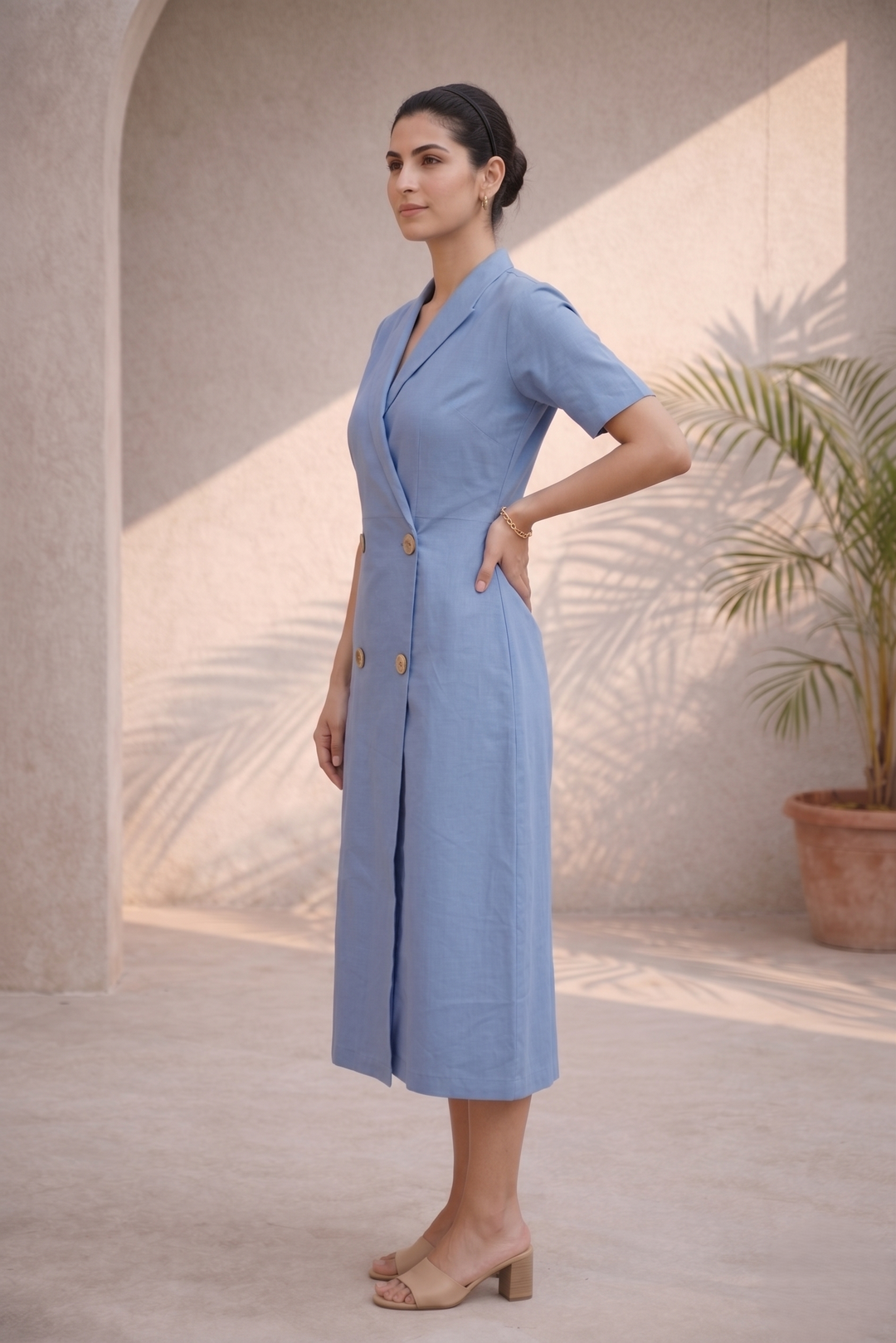 Mediterranean Blue Cotton Poplin Midi Dress (Workwear)