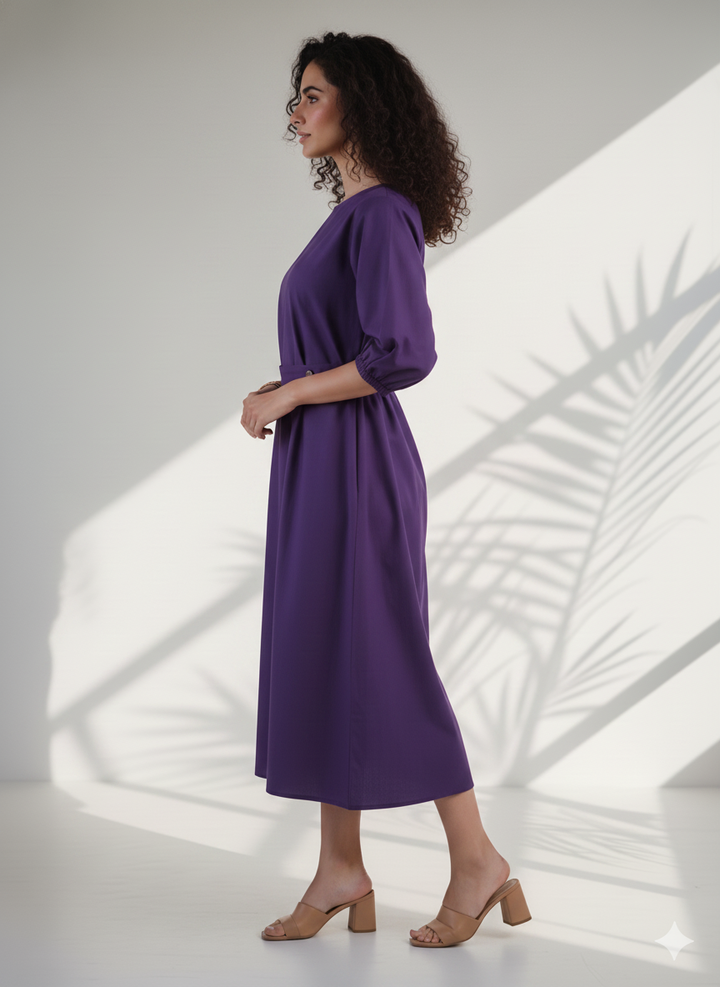 Deep Purple Cotton Poplin Midi Dress (Casual Summerwear)