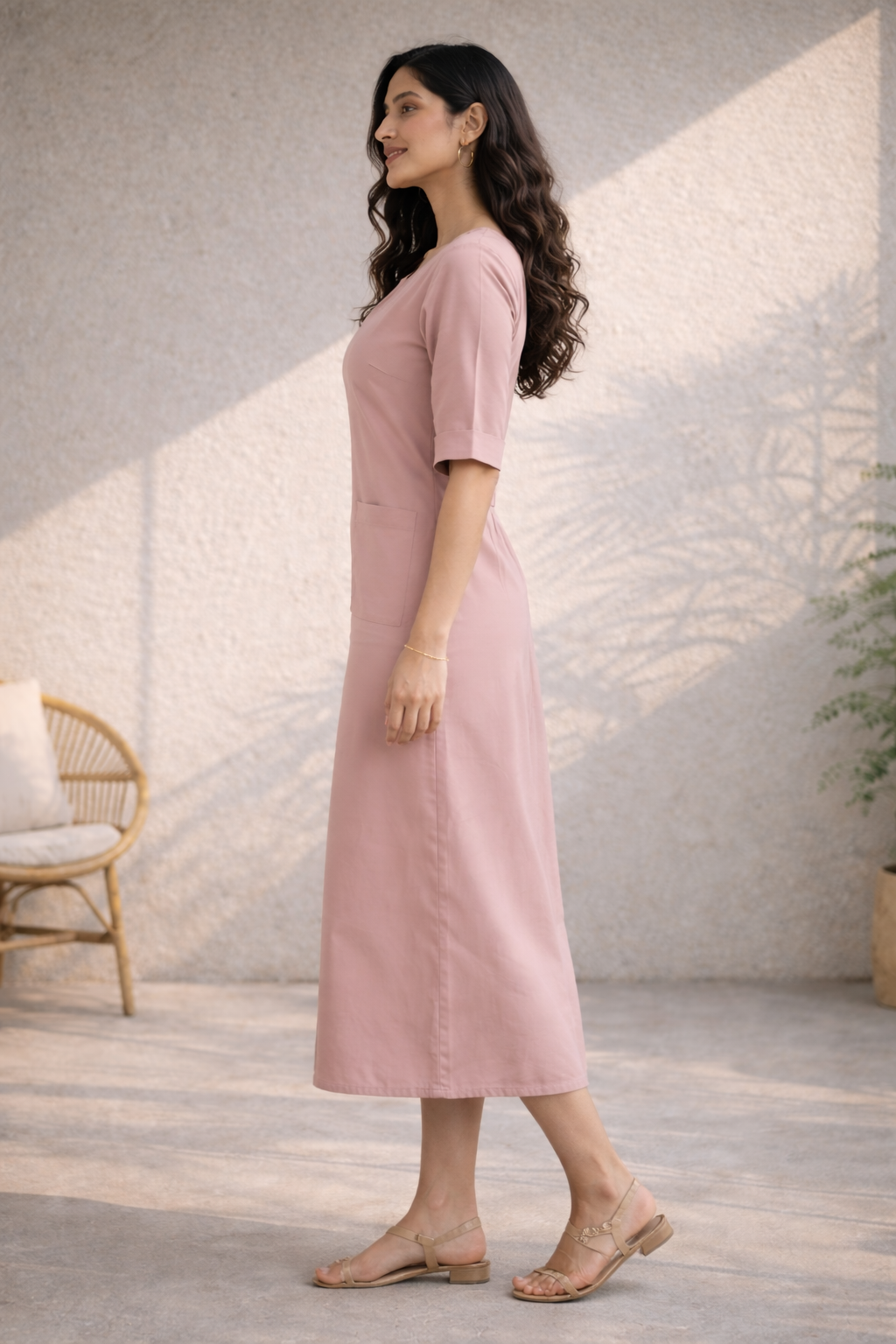 Rose Pink Cotton Midi Dress (Everyday Casual)
