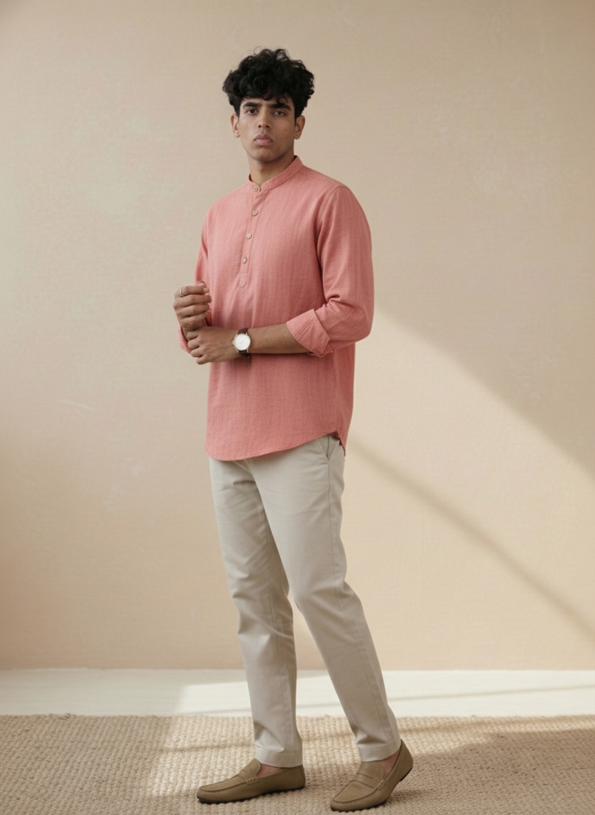 Peach Solid Organic Cotton Seersucker Shirt (Summer Wear)