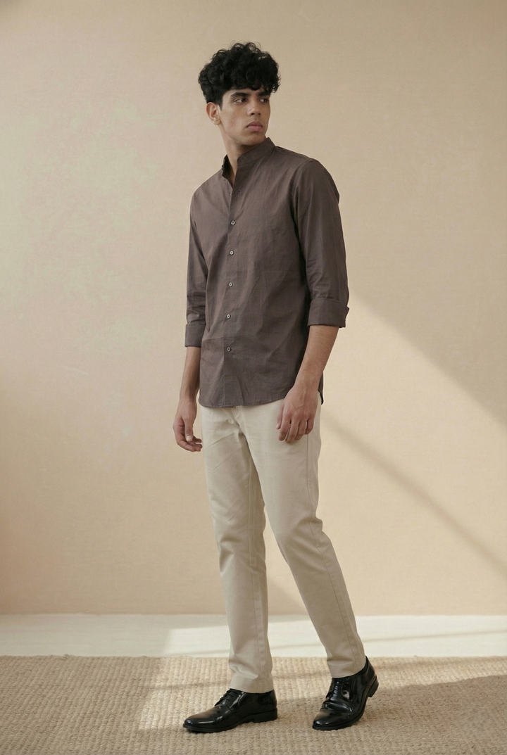 Dark Brown Solid Organic Cotton Mandarin Collar Shirt (Smart Casual)