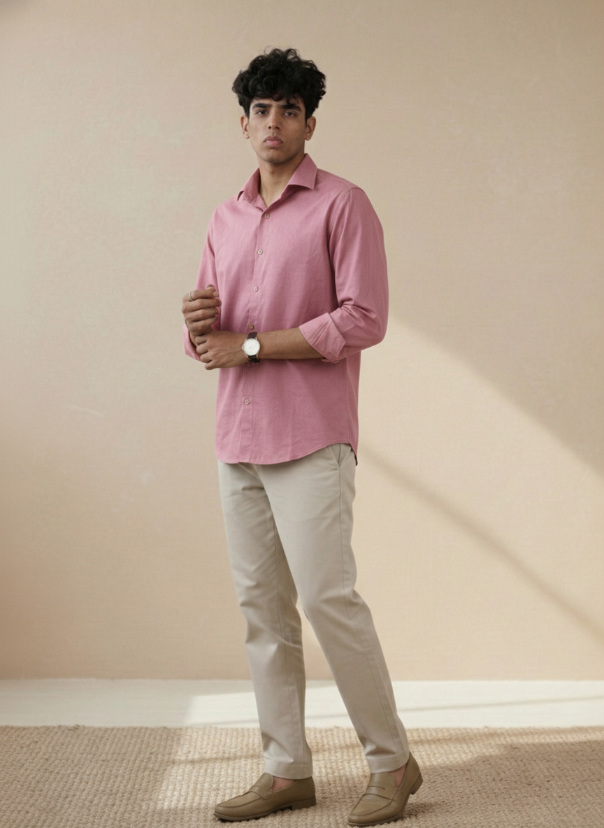 Reddish Brown Cotton Linen Regular Fit Casual Shirt