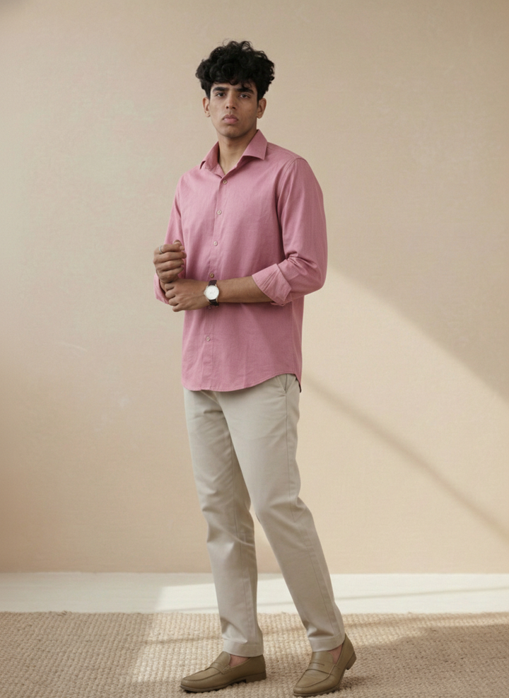 Reddish Brown Cotton Linen Regular Fit Casual Shirt
