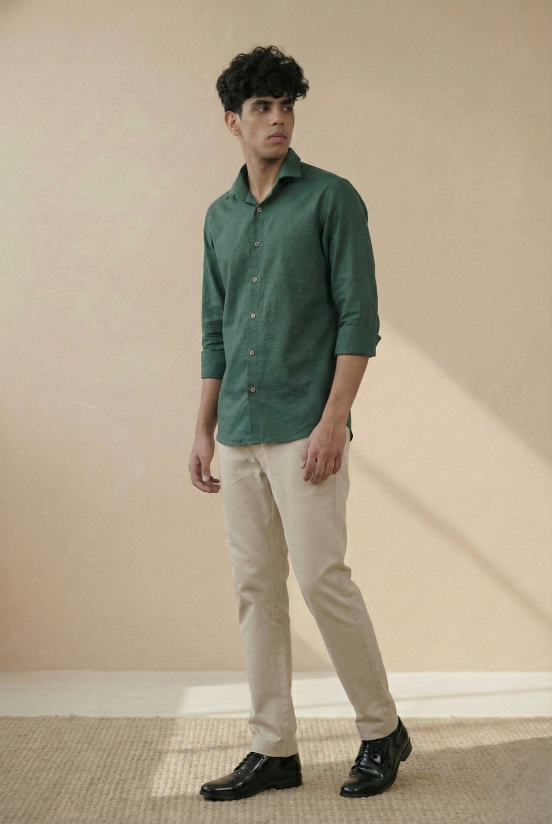 Earthy Green Pure Linen Regular Fit Shirt (Smart Casual)