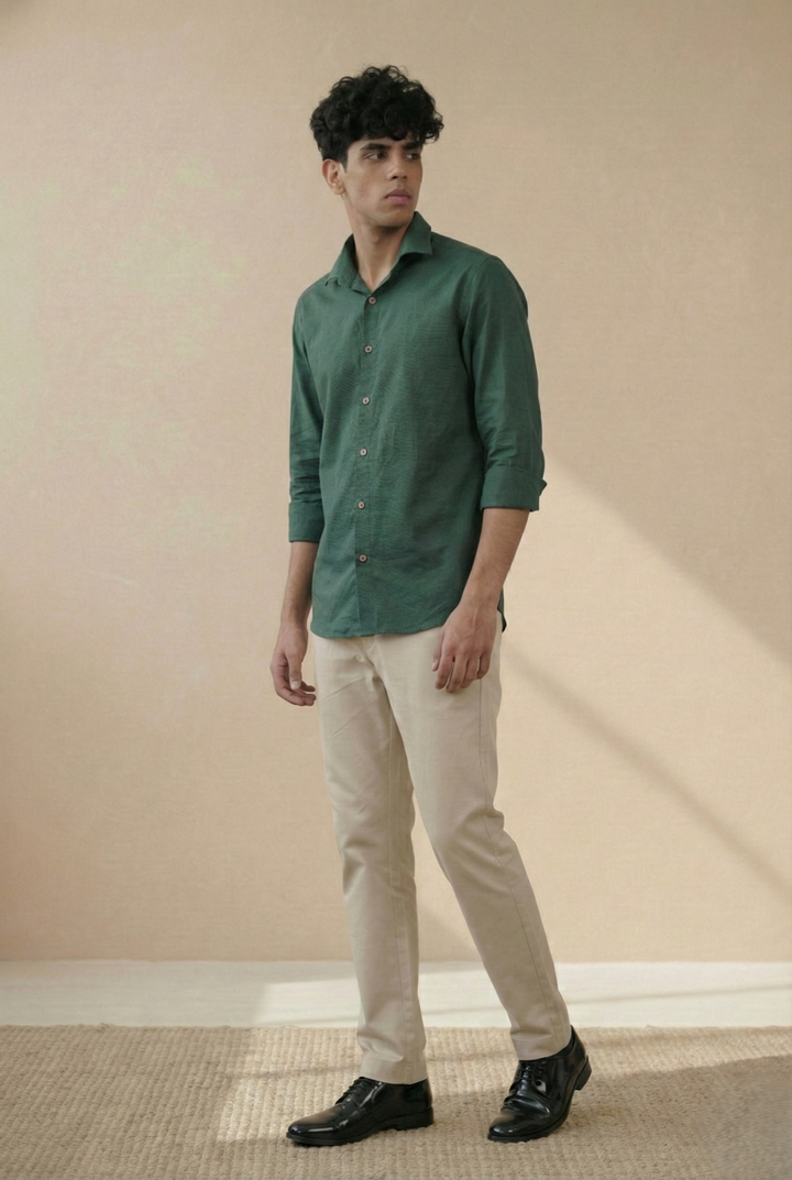 Earthy Green Pure Linen Regular Fit Shirt (Smart Casual)