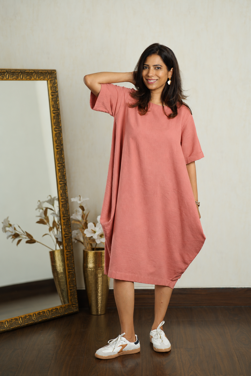 Coral Pink Organic Cotton Seersucker Cocoon Dress