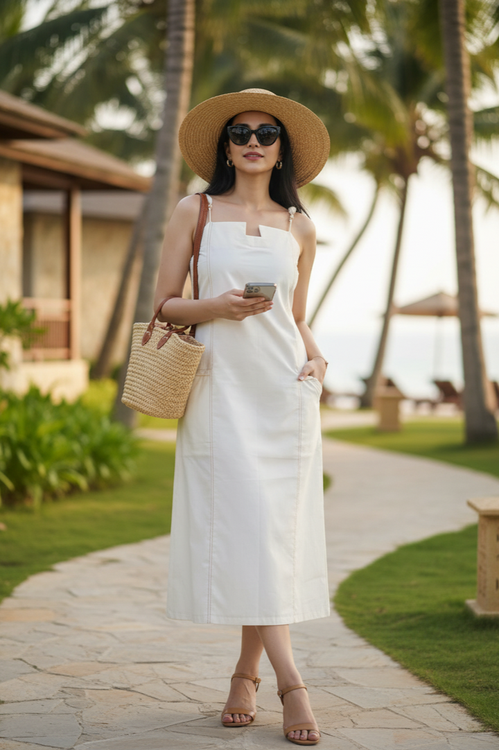 Vanilla Cream Cotton Poplin Midi Dress (Casual Summerwear)