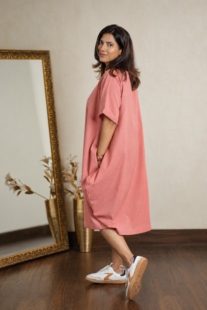 Coral Pink Organic Cotton Seersucker Cocoon Dress