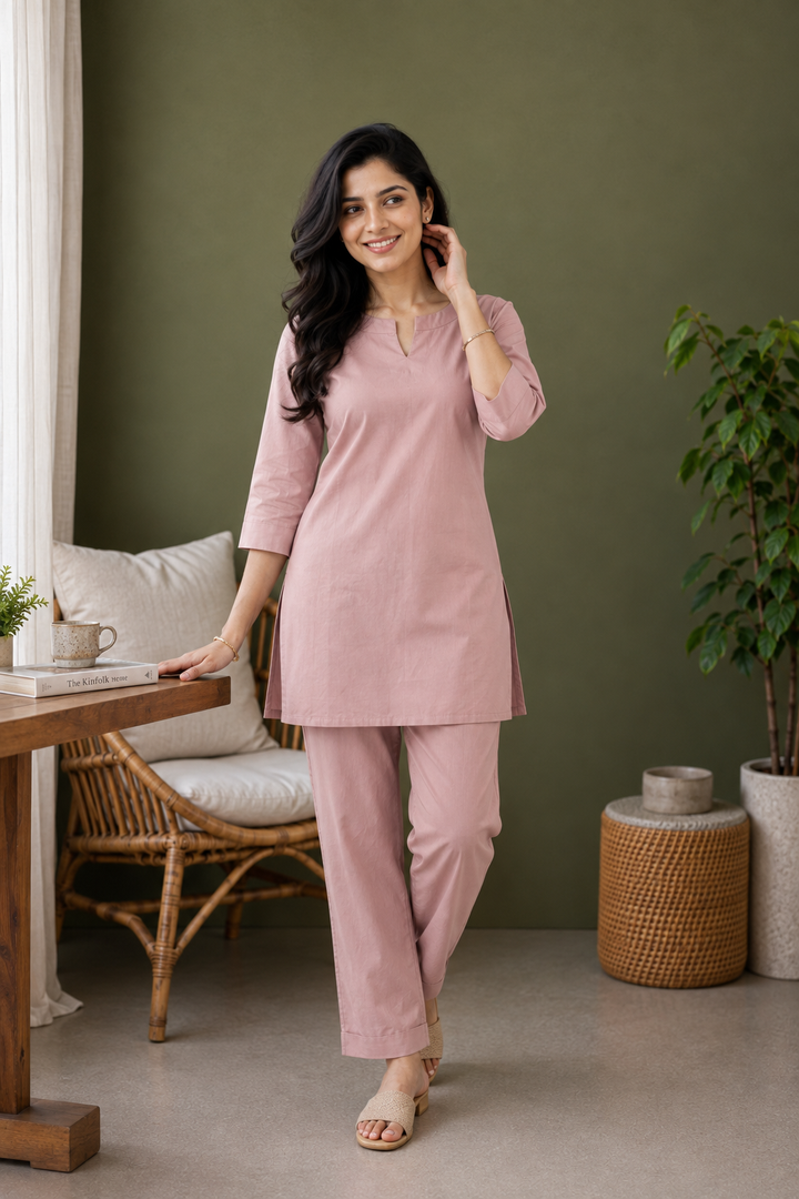 Dusty Mauve Pink Organic Cotton Poplin Co-ord Set (Casual/ Workwear)